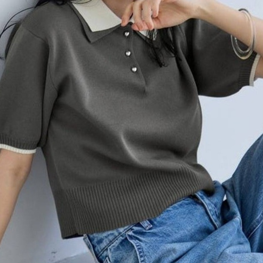 ダブルカラーのポロ襟半袖ニットが入荷！